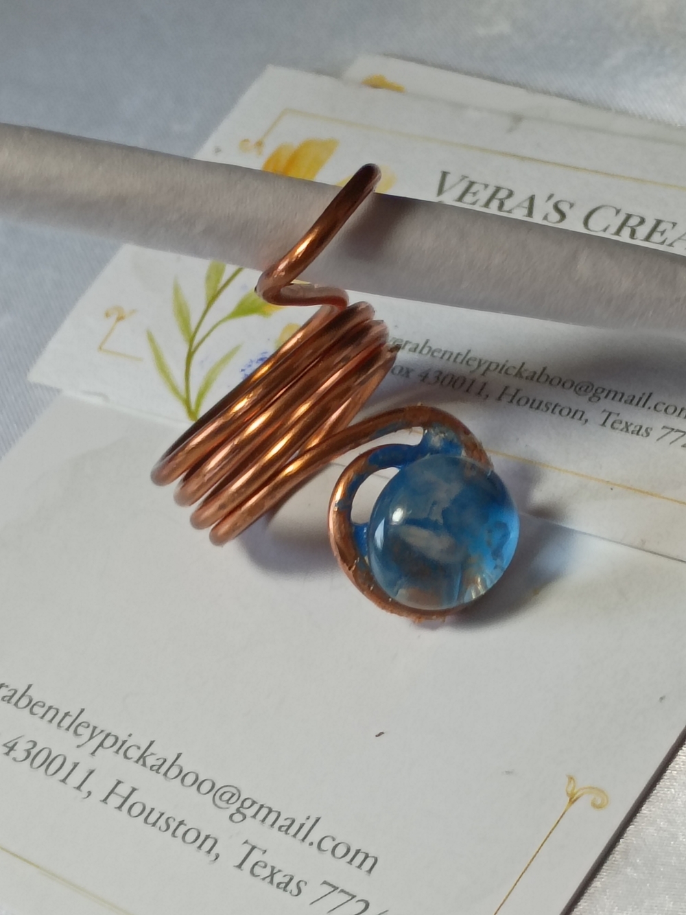 Copper Spiral Ring with Blue Glass Stone - Picture 5 of 12